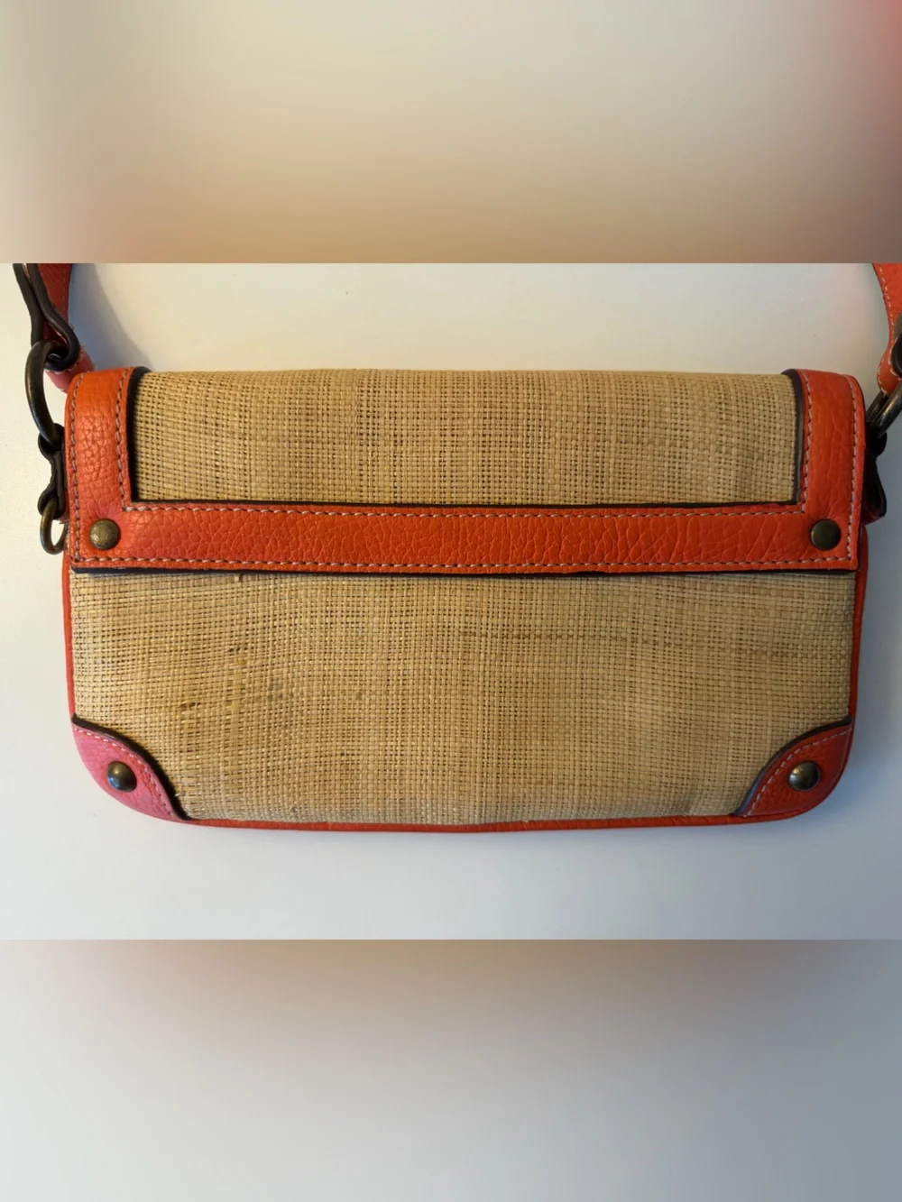 J Crew Woven Straw Shoulder Bag with Orange Leather Trim